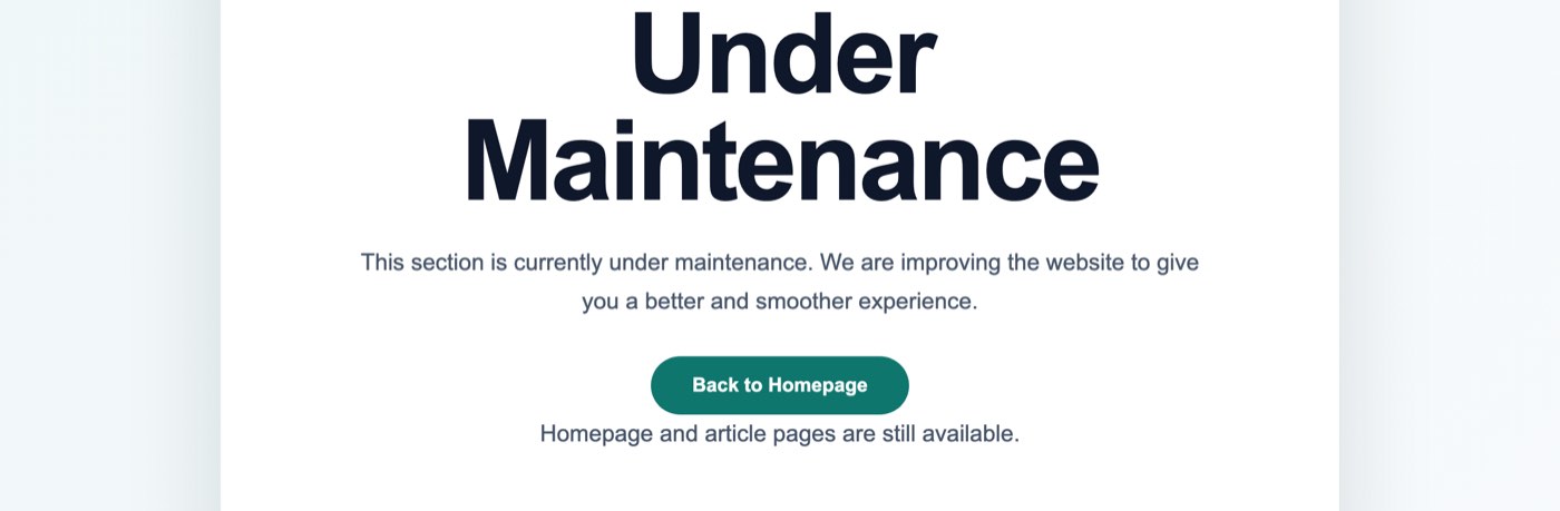 ebayfront.com's About Us address on 30 October 2026 showing a page headed Under Maintenance: This section is currently under maintenance, we are improving the website to give you a better and smoother experience, a Back to Homepage button, and the line Homepage and article pages are still available