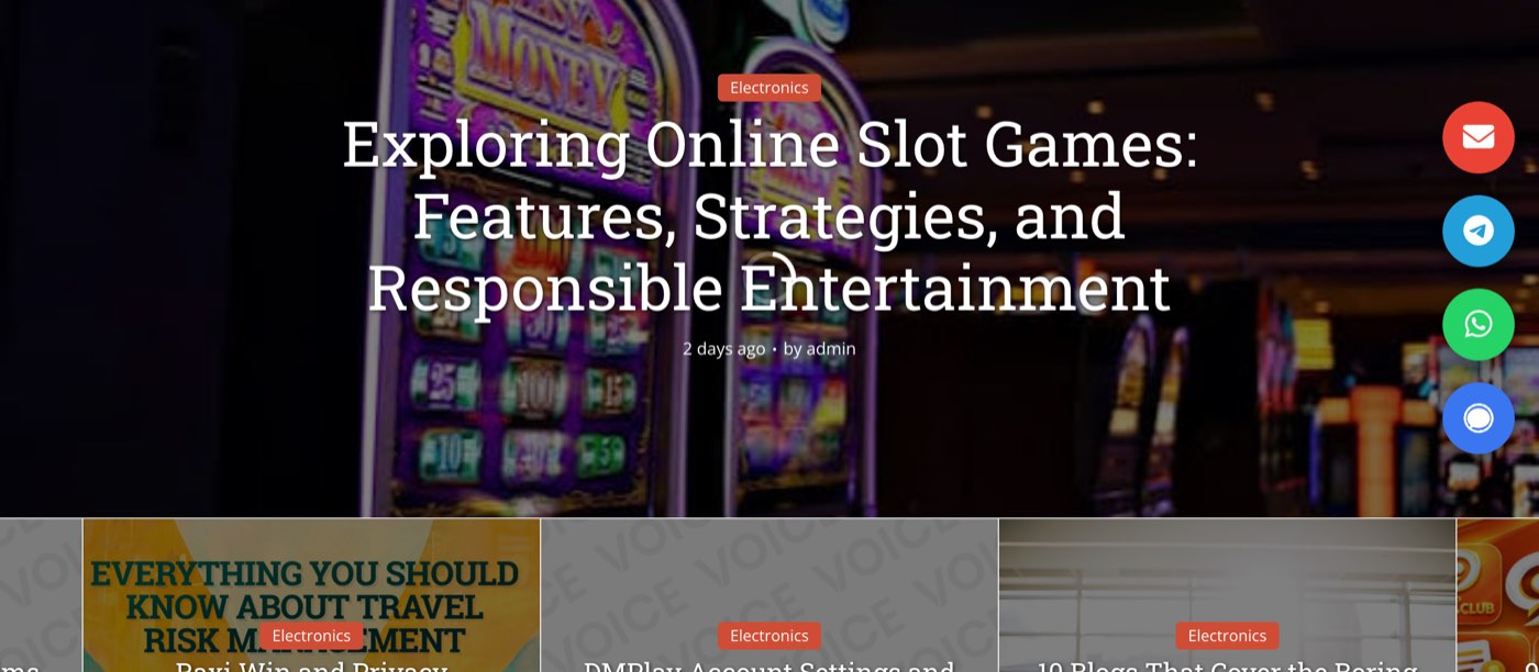 The ebayfront.com homepage on 30 October 2026 from a home broadband connection in Delhi: a slot-machine photograph behind the headline Exploring Online Slot Games: Features, Strategies, and Responsible Entertainment, tagged Electronics, posted 2 days ago by admin, with email, Telegram, WhatsApp and Signal contact buttons down the right edge