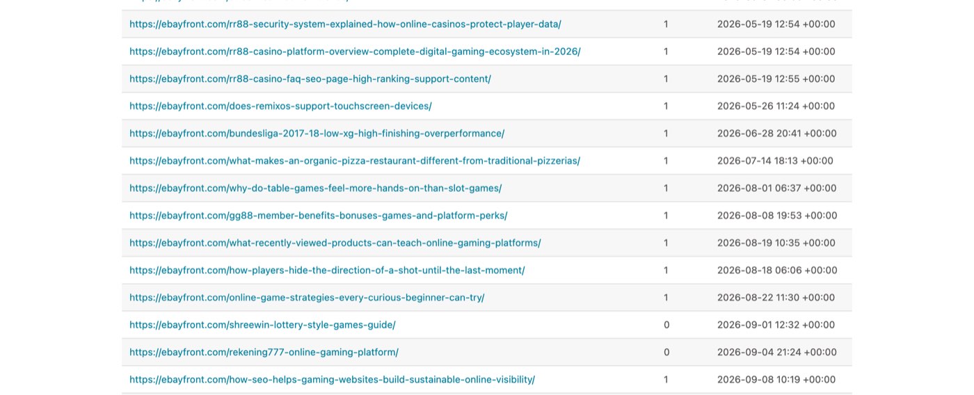 ebayfront.com's post sitemap on 30 October 2026: entries for rr88-security-system-explained-how-online-casinos-protect-player-data, rr88-casino-platform-overview and rr88-casino-faq-seo-page dated 19 May 2026, then gg88-member-benefits-bonuses, shreewin-lottery-style-games-guide, rekening777-online-gaming-platform and how-seo-helps-gaming-websites dated August and September 2026