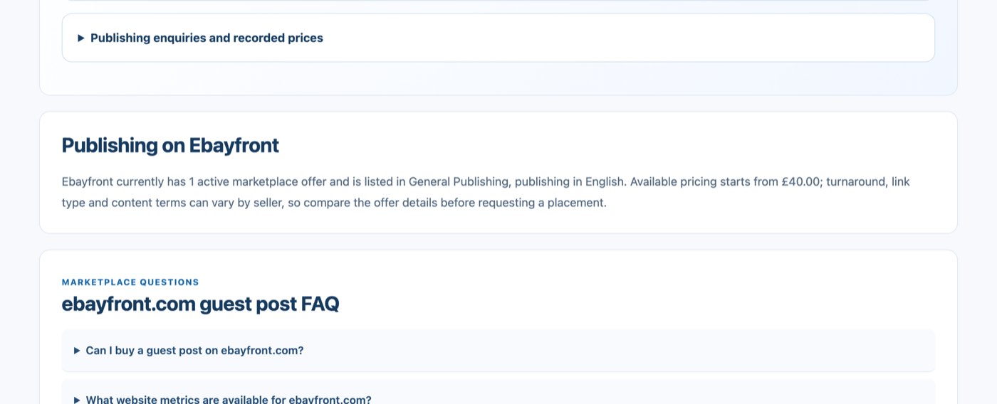 guestpost.uk's marketplace page for Ebayfront on 30 October 2026: Publishing on Ebayfront, 1 active marketplace offer, listed in General Publishing in English, available pricing starts from £40.00, turnaround, link type and content terms can vary by seller