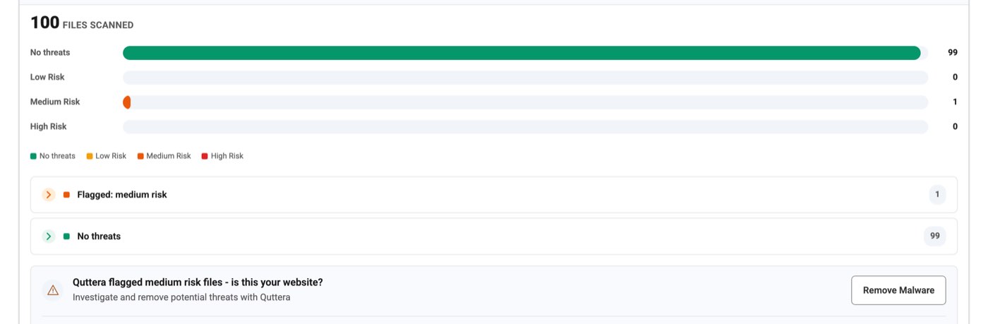 PCrisk's scan report for ebayfront.com on 30 October 2026: 100 files scanned, 99 with no threats, 1 medium risk, a collapsed row reading Flagged: medium risk, and a Quttera notice that it flagged medium risk files