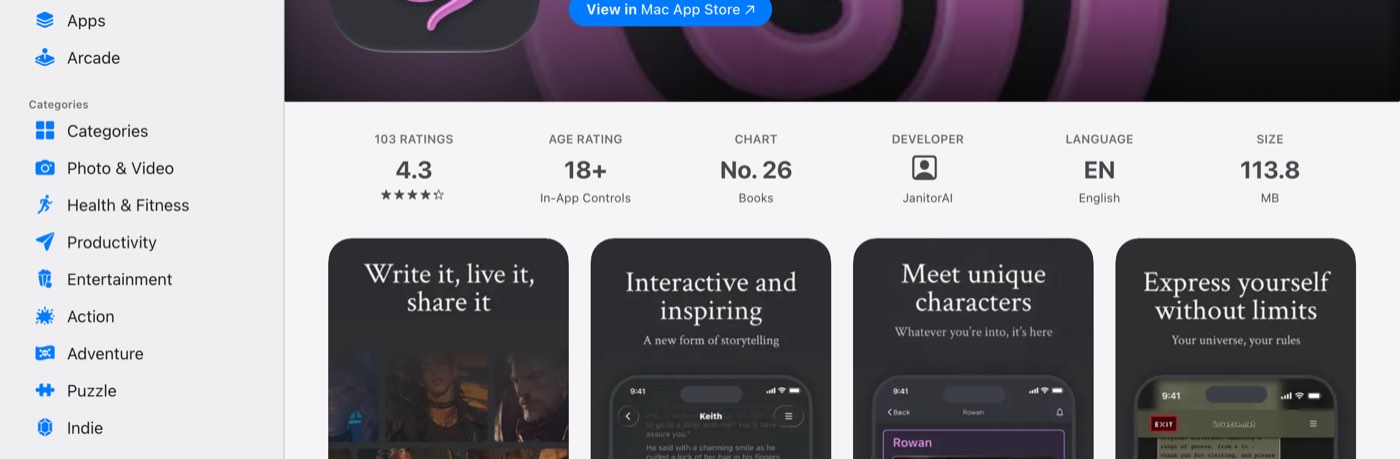 The Indian App Store listing of Janitor: Interactive Stories on 28 October 2026: 103 ratings averaging 4.3 stars, age rating 18+, number 26 in Books, developer JanitorAI, language English, size 113.8 MB