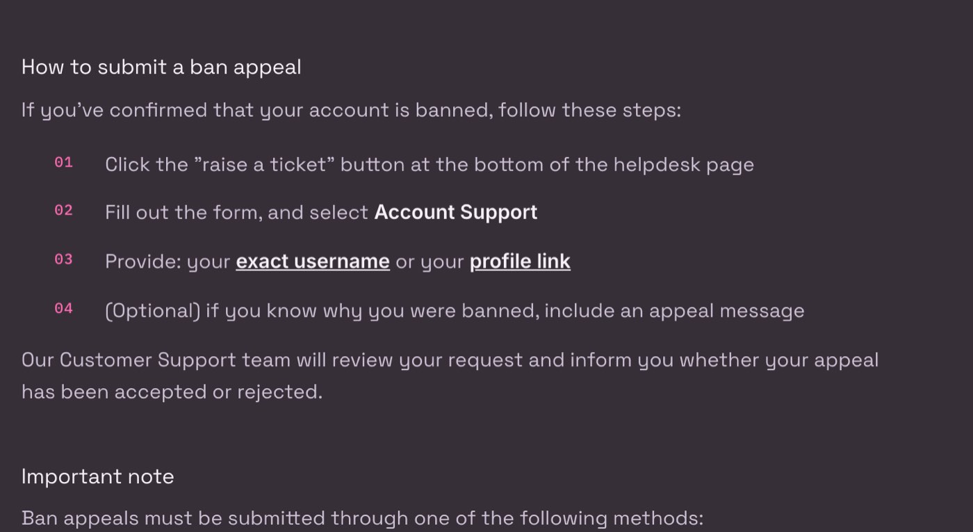 Janitor AI help centre, My account was banned, read on 28 October 2026: how to submit a ban appeal in four steps, click Raise a ticket at the bottom of the helpdesk page, select Account Support, provide your exact username or profile link, and optionally an appeal message; Customer Support then says whether the appeal is accepted or rejected