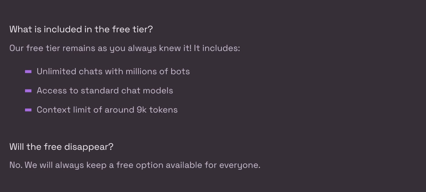 Janitor AI help centre, subscription FAQ, on 28 October 2026: the free tier includes unlimited chats with millions of bots, access to standard chat models and a context limit of around 9k tokens, and to the question Will the free disappear the answer is No, we will always keep a free option available for everyone