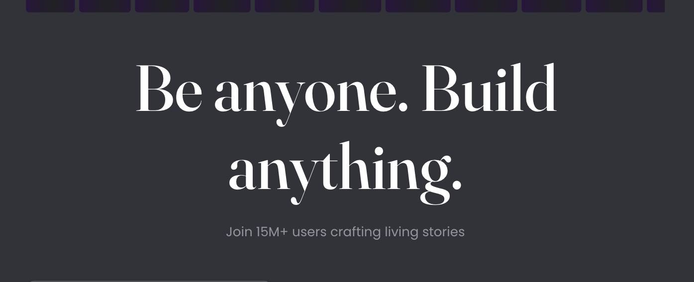 The janitorai.com homepage on 28 October 2026, opened signed out from a home broadband connection in Delhi: the headline Be anyone. Build anything. and the line Join 15M+ users crafting living stories above the first row of character cards