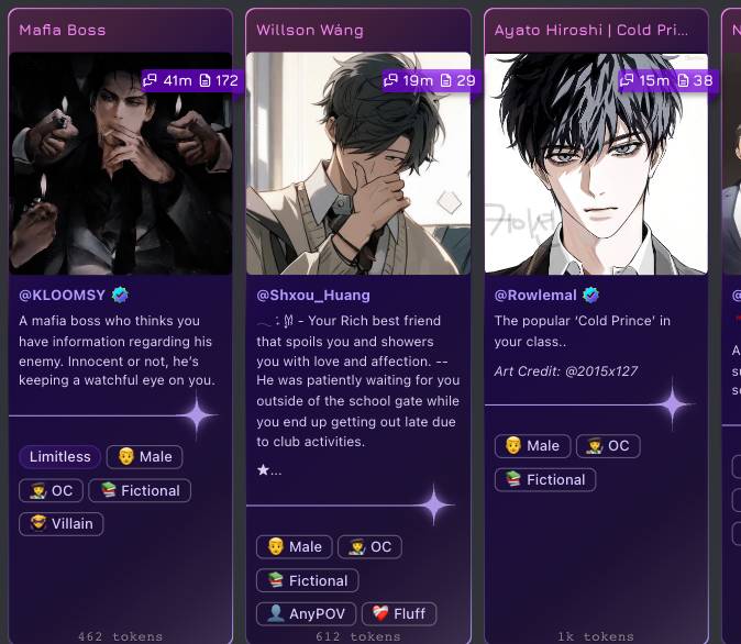 Three character cards from the Popular row of janitorai.com on 28 October 2026: Mafia Boss by KLOOMSY tagged Limitless, Male, OC, Fictional and Villain at 462 tokens; Willson Wang by Shxou Huang at 612 tokens; and Ayato Hiroshi, Cold Prince, by Rowlemal at 1k tokens