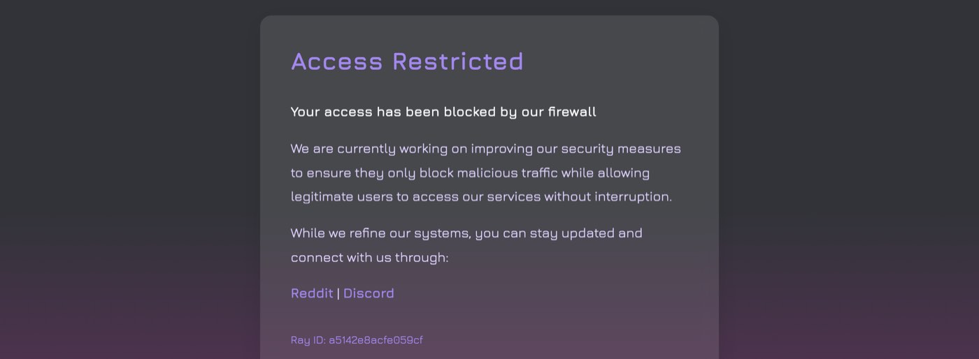janitorai.com loaded in an automated Chromium browser from Delhi on 28 October 2026: a page headed Access Restricted saying your access has been blocked by our firewall, that the team is improving its security measures to block only malicious traffic, and offering Reddit and Discord links with a Cloudflare Ray ID