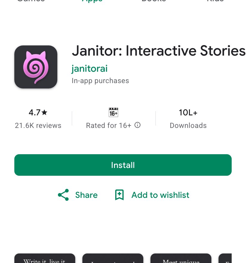 Google Play listing of Janitor: Interactive Stories by janitorai, loaded from India on 28 October 2026: in-app purchases, 4.7 stars from 21.6K reviews, rated for 16+, 10L+ downloads, and an Install button