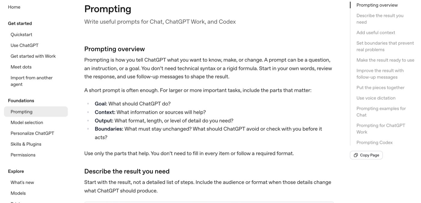 OpenAI's ChatGPT Learn page titled Prompting on October 26, 2026, with the Prompting overview stating that you do not need technical syntax or a rigid formula, and a list of the four parts to include for larger tasks: Goal, Context, Output and Boundaries