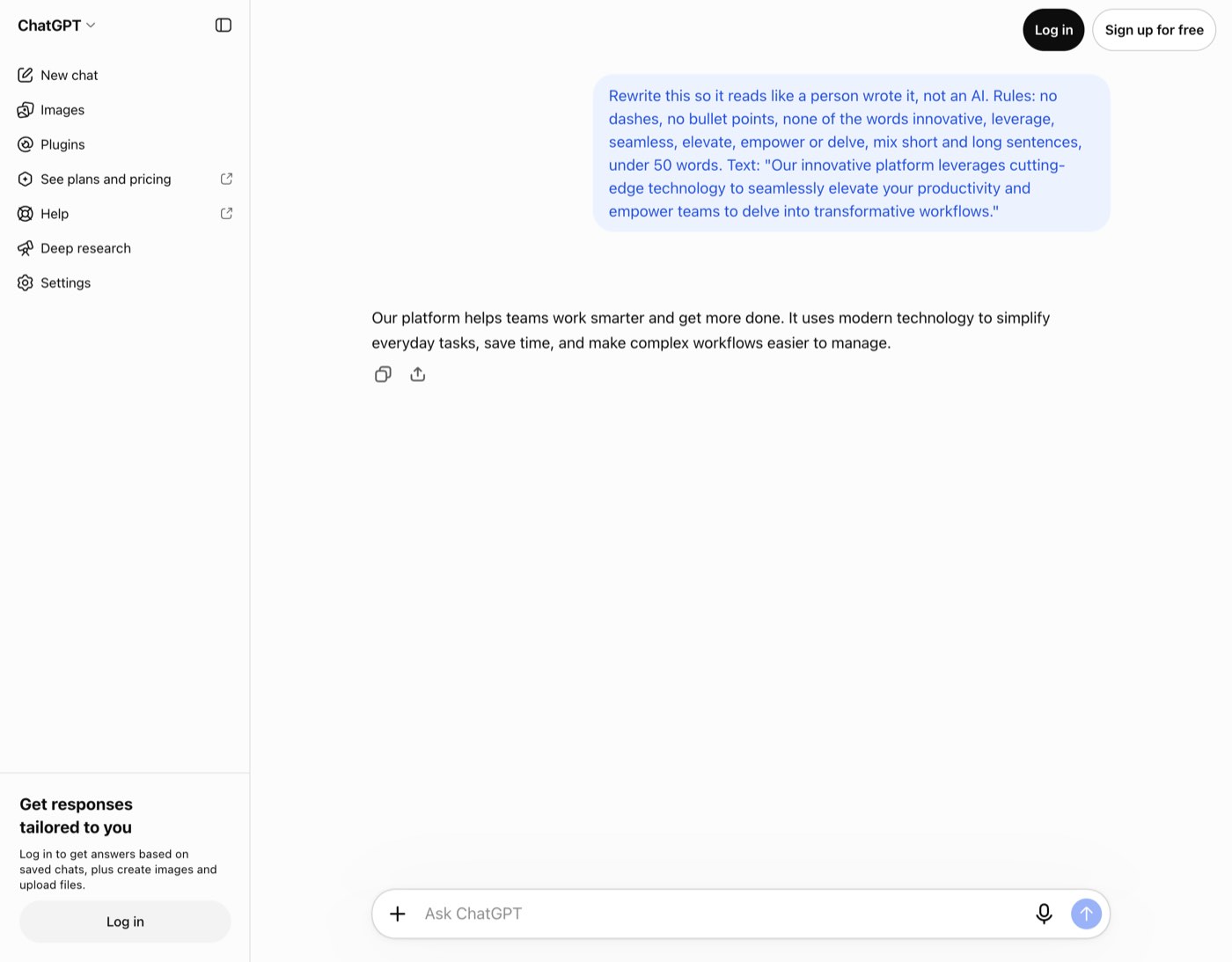 A signed-out ChatGPT chat on October 26, 2026 from Delhi: a prompt asking for a rewrite that reads like a person wrote it, with rules banning dashes, bullet points and words such as innovative, leverage and seamless, and ChatGPT's two-sentence reply beginning Our platform helps teams work smarter and get more done