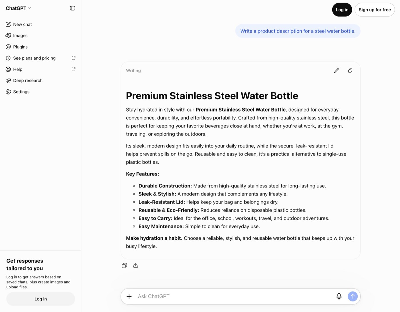 A signed-out ChatGPT chat on October 26, 2026 from Delhi: the prompt Write a product description for a steel water bottle, and ChatGPT's reply in a Writing block headed Premium Stainless Steel Water Bottle with two paragraphs, six Key Features bullets and a closing line Make hydration a habit