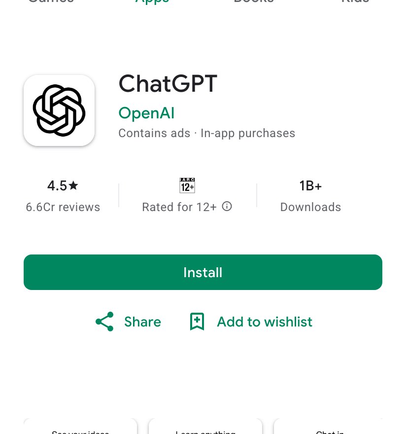 The ChatGPT listing on Google Play India on October 26, 2026: OpenAI, Contains ads and In-app purchases, 4.5 stars from 6.6 crore reviews, rated for 12+, 1B+ downloads, with an Install button