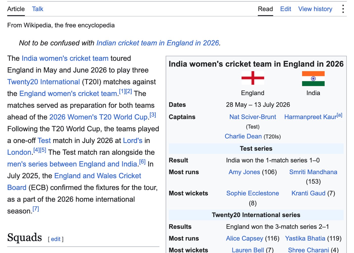 Wikipedia's page on the India women's cricket team in England in 2026, read on October 24, 2026, with the summary box: dates 28 May to 13 July 2026, captains Nat Sciver-Brunt and Charlie Dean for England and Harmanpreet Kaur for India, India won the 1-match Test series 1–0 with Kranti Gaud taking 7 wickets, and England won the 3-match T20I series 2–1