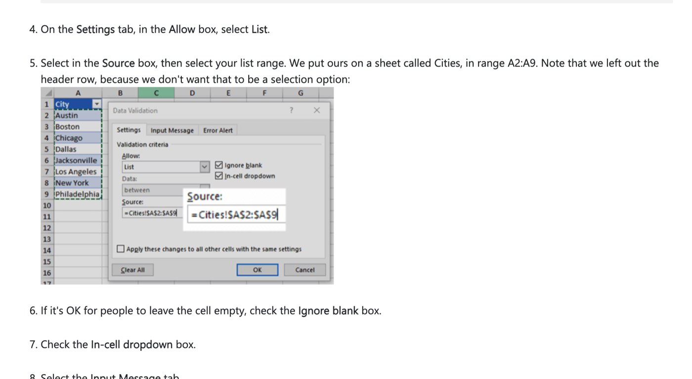 Microsoft's Excel support page on September 27, 2026 showing the Data Validation dialog with Allow set to List, Ignore blank and In-cell dropdown ticked, and Source set to a range on a sheet called Cities
