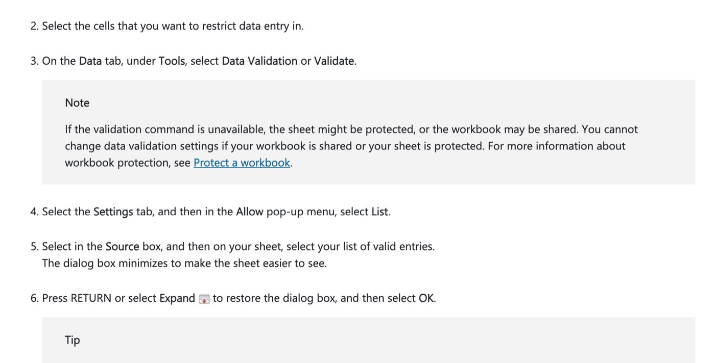 Microsoft's Excel for Mac steps on September 27, 2026: Data tab, Data Validation or Validate, Settings tab, Allow pop-up menu set to List, select the source, press Return or Expand, then OK