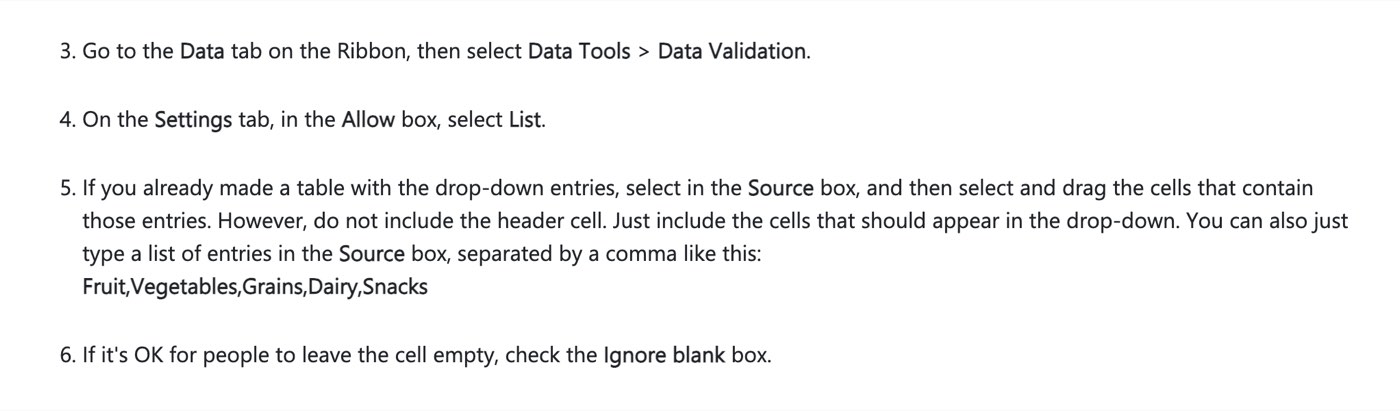 Microsoft's Excel for the web steps on September 27, 2026: Data tab, Data Tools, Data Validation, Allow set to List, then select the cells or type entries separated by commas such as Fruit,Vegetables,Grains,Dairy,Snacks