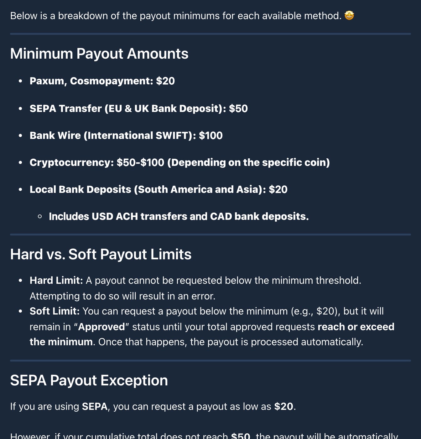 Fansly's help centre article Payout Minimums by Method on October 23, 2026, listing Paxum and Cosmopayment at $20, SEPA at $50, international SWIFT wire at $100, cryptocurrency at $50 to $100 depending on the coin, and local bank deposits for South America and Asia at $20, then explaining hard and soft payout limits
