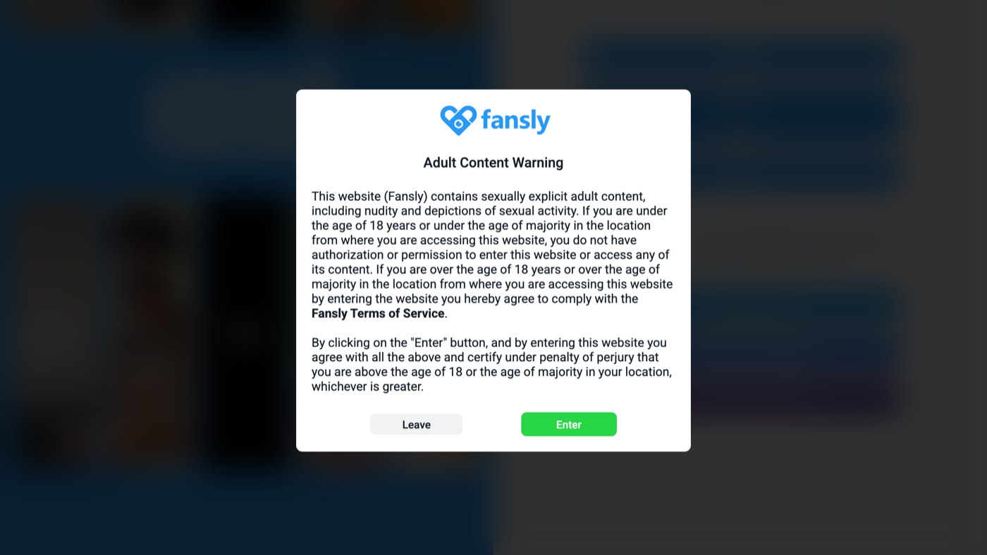 The fansly.com homepage on October 23, 2026, loaded from a home broadband connection in Delhi, showing the Fansly logo and the Adult Content Warning dialog with Leave and Enter buttons over a blurred page