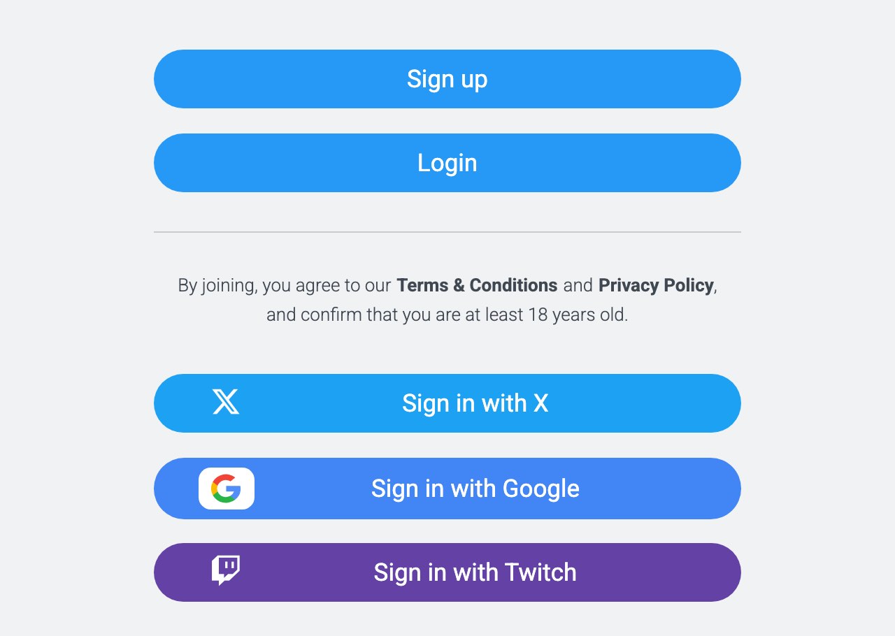 The sign-up column of fansly.com on October 23, 2026, after clicking Enter on the age gate from a Delhi connection: Sign up and Login buttons, the line confirming you are at least 18 years old, and Sign in with X, Google and Twitch buttons