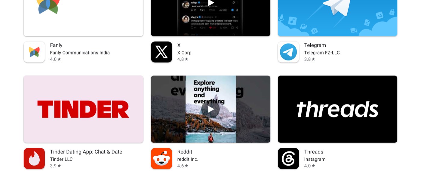 Google Play search results for the word fansly on October 23, 2026, showing an unrelated app named Fanly by Fanly Communications India, followed by X, Telegram, Tinder, Reddit and Threads, and no Fansly app