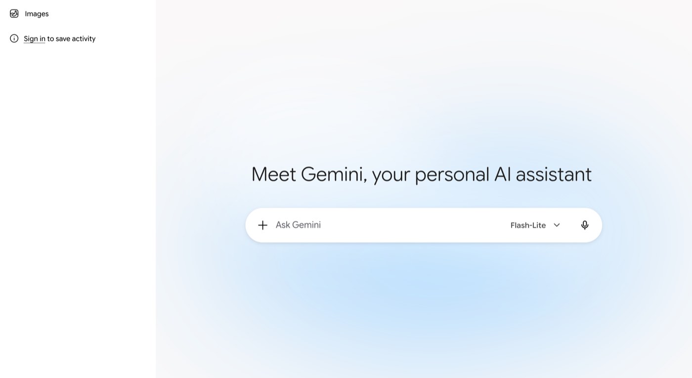 The gemini.google.com homepage on October 26, 2026, opened signed out from Delhi: the heading Meet Gemini, your personal AI assistant, an Ask Gemini prompt box with the model selector set to Flash-Lite, and a sidebar link reading Sign in to save activity