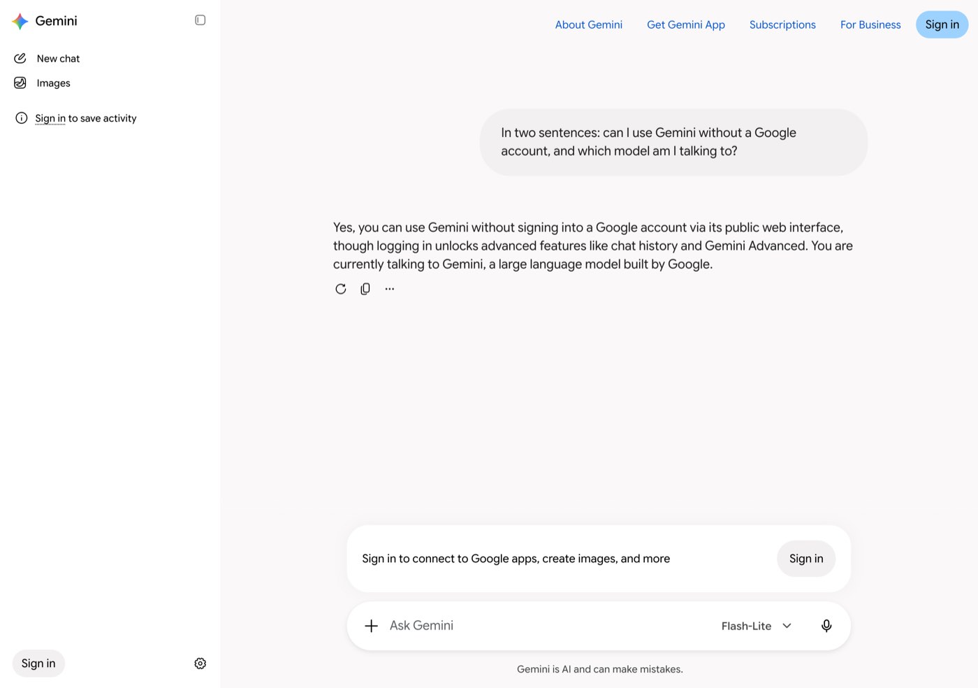 gemini.google.com on October 26, 2026 in a signed-out browser from Delhi: our prompt asking whether Gemini can be used without a Google account, Gemini's reply that yes it can via its public web interface though logging in unlocks chat history, the model selector reading Flash-Lite, and a composer note saying sign in to connect to Google apps, create images, and more