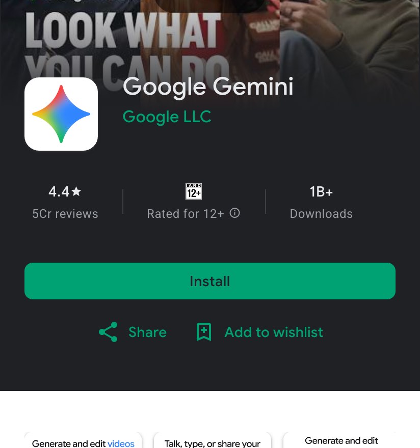 The Google Gemini listing on Google Play India on October 26, 2026: Google LLC, 4.4 stars, 5 crore reviews, rated for 12+, 1B+ downloads, with an Install button