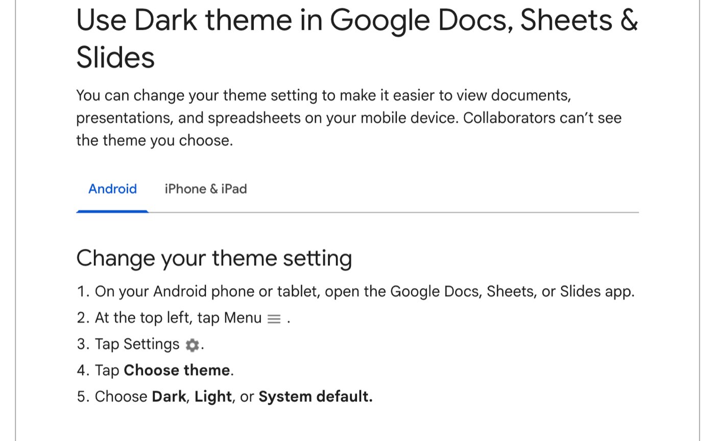 Google Docs Editors Help page on September 27, 2026 for using dark theme in Google Docs, Sheets and Slides, with instructions only for Android and for iPhone and iPad, and a note that collaborators can't see the theme you choose