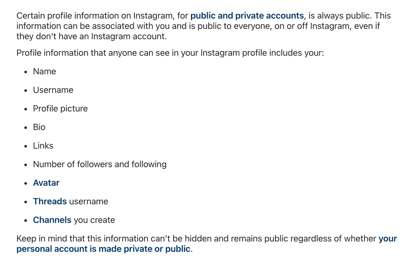 Instagram Help Center page on September 25, 2026 listing profile information anyone can see, including the number of followers and following, and saying it can't be hidden on private or public accounts