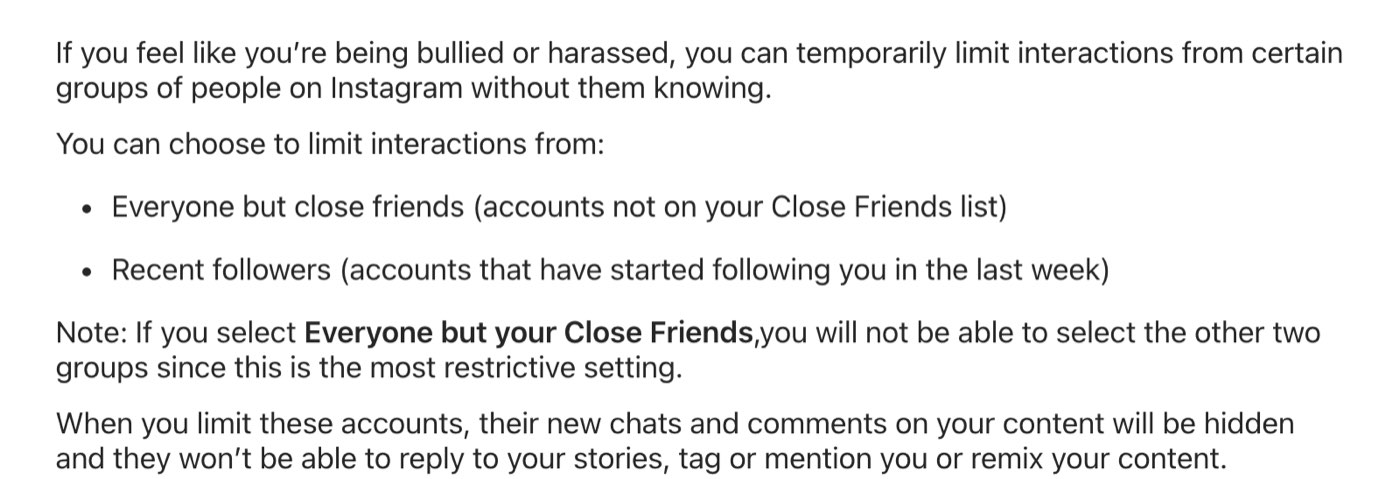 Instagram Help Center description of the Limits feature on September 25, 2026: it hides new chats and comments from limited accounts and stops them replying to stories, tagging, mentioning or remixing, with no option for followers or following lists