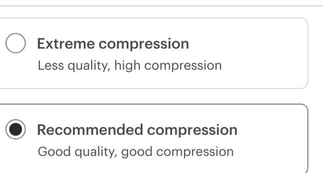 The three compression levels on iLovePDF's Compress PDF tool on October 23, 2026: Extreme compression, Recommended compression selected, and Less compression