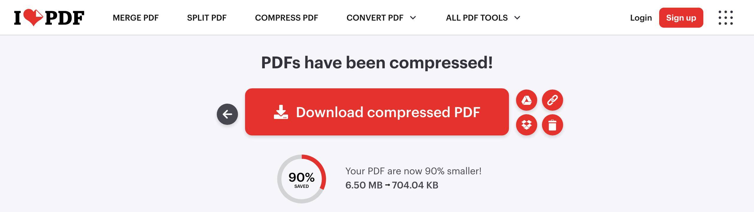 iLovePDF's result page on October 23, 2026 saying PDFs have been compressed, with a Download compressed PDF button, a 90% saved dial and the figures 6.50 MB to 704.04 KB