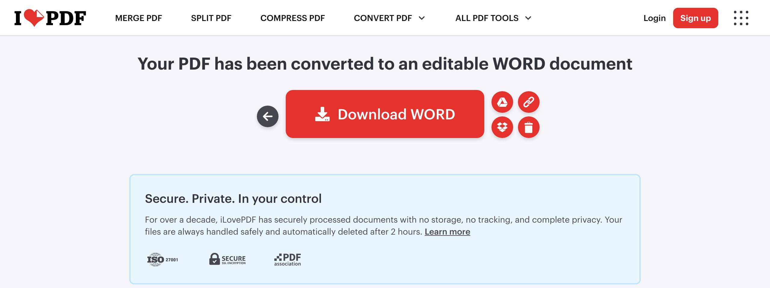 iLovePDF's PDF to Word result page on October 23, 2026, headed Your PDF has been converted to an editable WORD document, with a Download WORD button and a notice that files are automatically deleted after 2 hours