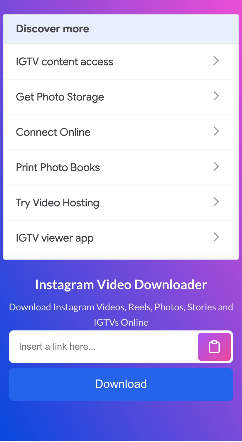 igsty.com at phone width on October 18, 2026: a Discover more list of six links, such as Get Photo Storage and Print Photo Books, above the Instagram Video Downloader box and its Download button