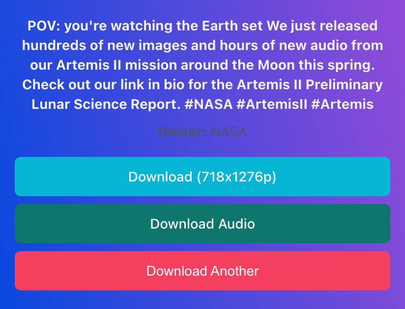 igsty.com's result for a public NASA reel on October 18, 2026: the reel's caption, Owner: NASA, and three buttons, Download (718x1276p), Download Audio and Download Another