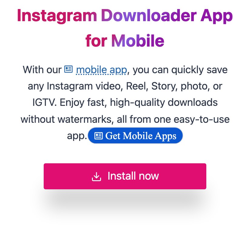 igsty.net.in on October 18, 2026: the section Instagram Downloader App for Mobile, saying With our mobile app you can quickly save any Instagram video, with a pink Install now button