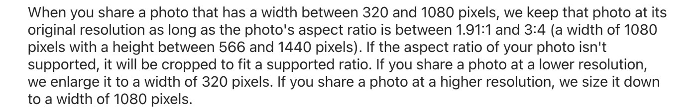 Instagram Help Center on September 30, 2026 stating that a photo keeps its original resolution when its aspect ratio is between 1.91:1 and 3:4, a width of 1080 pixels with a height between 566 and 1440 pixels, and that other ratios are cropped