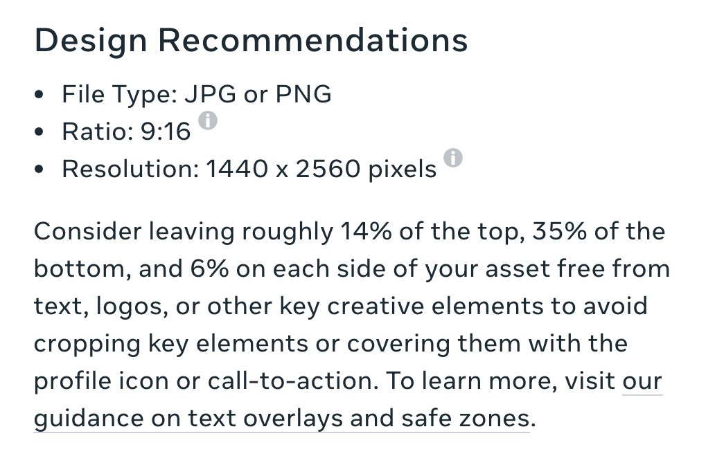 Meta's Ads Guide for Instagram Reels image ads on September 30, 2026, listing a 9:16 ratio and a resolution of 1440 x 2560 pixels, and advising to leave roughly 14% of the top, 35% of the bottom, and 6% on each side free from text and logos