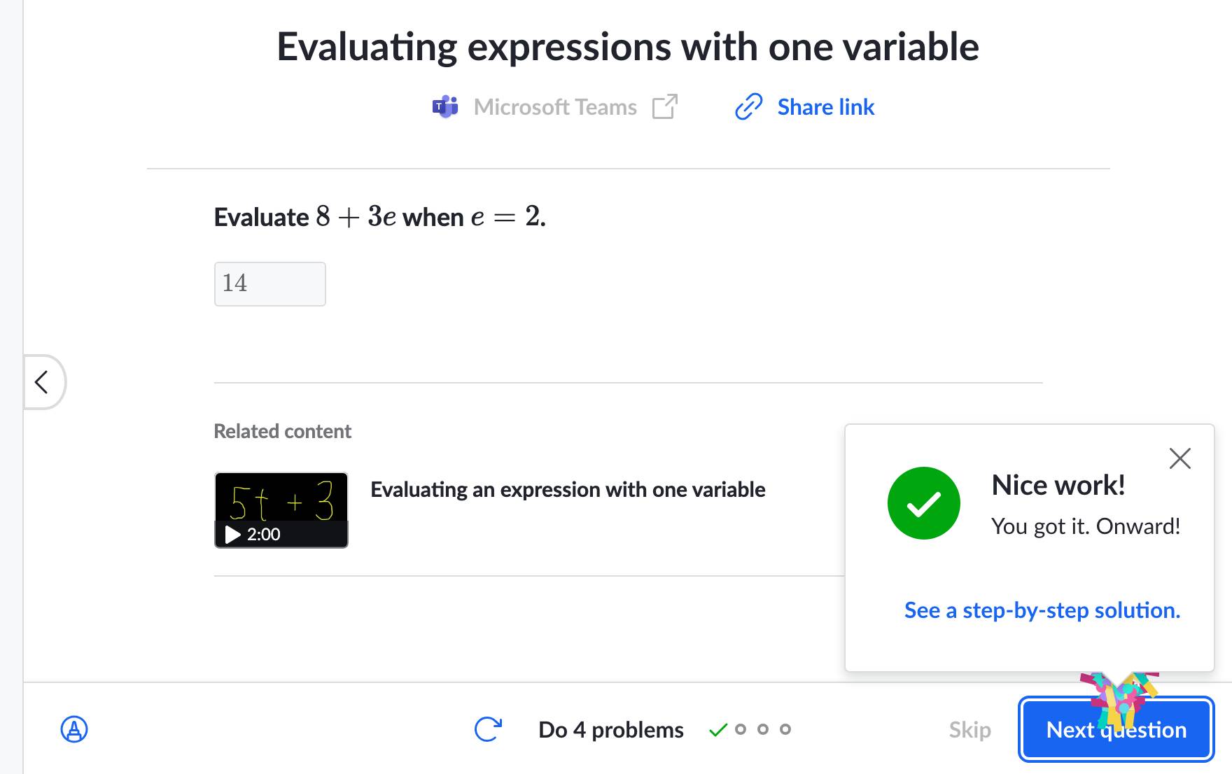 A Khan Academy practice exercise on October 23, 2026, answered without an account: Evaluate 8 + 3e when e = 2, the answer 14 typed in, a green Nice work! You got it. Onward! box, and a Next question button
