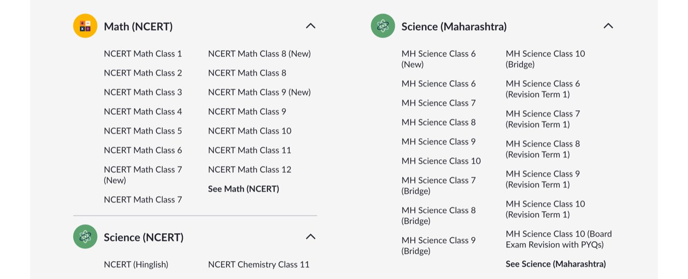The Khan Academy course menu as shown to a visitor from India on October 23, 2026, listing NCERT Math Class 1 to 12, Science (NCERT) and Science (Maharashtra) courses with Bridge and Revision Term 1 variants