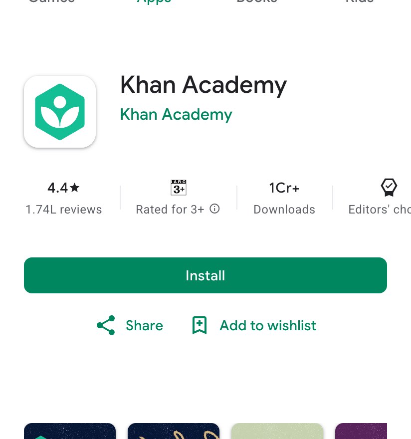The Google Play listing for the Khan Academy app on the India store on October 23, 2026, showing 4.4 stars, 1.74L reviews, Rated for 3+, 1Cr+ downloads and an Editors' choice badge