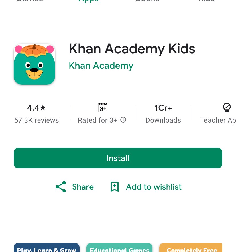 The Google Play listing for Khan Academy Kids on the India store on October 23, 2026, showing 4.4 stars, 57.3K reviews, Rated for 3+, 1Cr+ downloads and a Teacher Approved badge