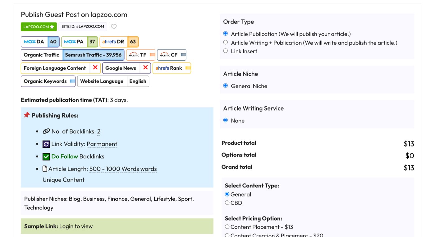 The GuestPostSale listing Publish Guest Post on lapzoo.com on October 13, 2026: Moz DA 40, PA 37, Ahrefs DR 63, Semrush traffic 39,956, publishing rules of 2 backlinks, permanent link validity, Do Follow Backlinks and 500 to 1000 words, with a product total of $13