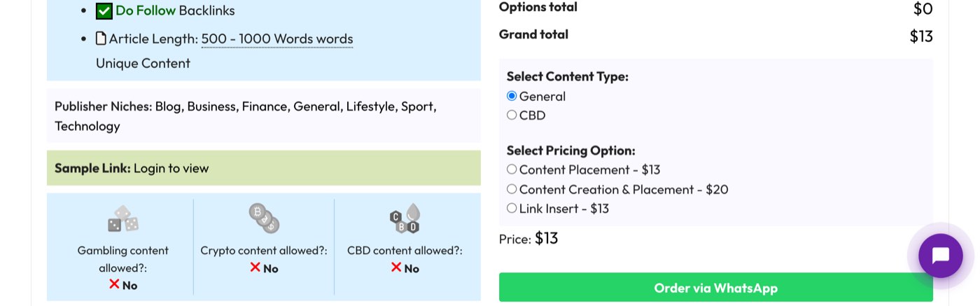 The lower part of the GuestPostSale listing for lapzoo.com on October 13, 2026: pricing options Content Placement $13, Content Creation and Placement $20 and Link Insert $13, and Gambling content allowed No, Crypto content allowed No, CBD content allowed No