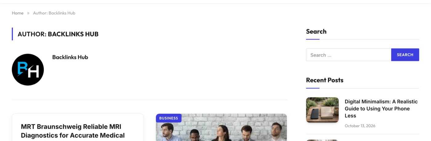 The author page on lapzoo.com on October 13, 2026, headed Author: Backlinks Hub, with a BH logo and a post titled MRT Braunschweig Reliable MRI Diagnostics for Accurate Medical
