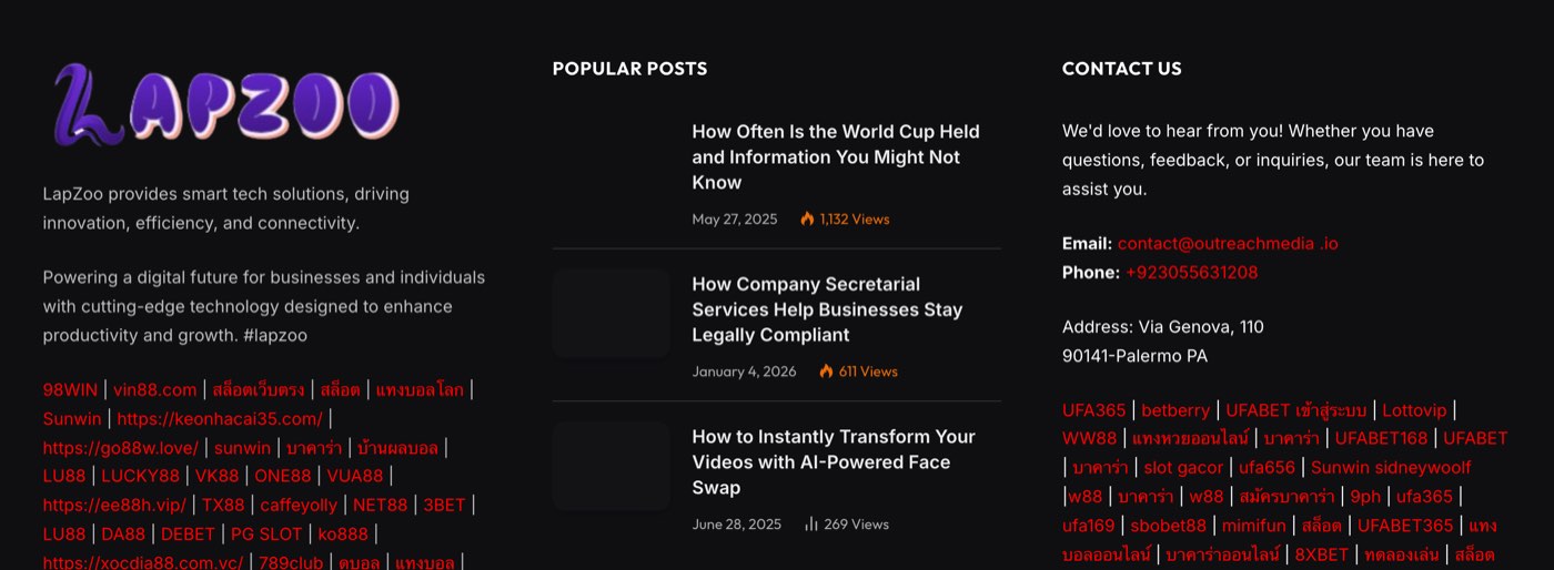 The footer of lapzoo.com on October 13, 2026: the LapZoo logo and the line LapZoo provides smart tech solutions, then rows of red links such as 98WIN, vin88.com, Sunwin, LU88 and 789club; a Contact Us block with an outreachmedia.io email, the phone number +923055631208 and an address at Via Genova 110, Palermo, followed by more links such as UFA365 and UFABET