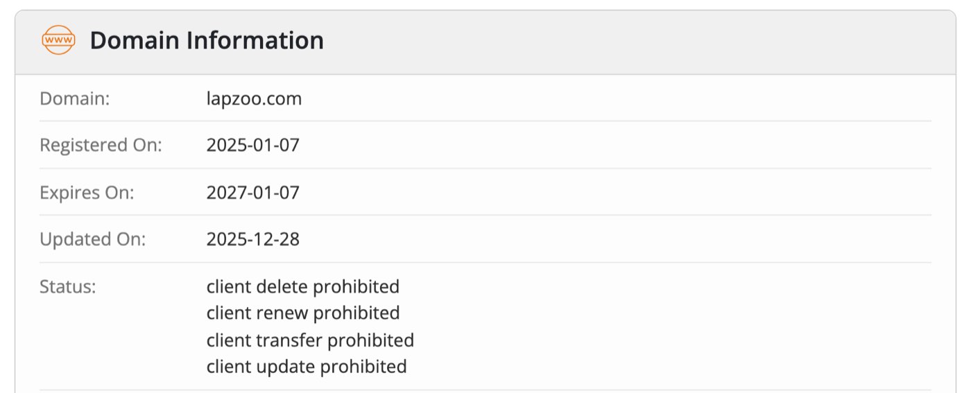 The whois.com record for lapzoo.com on October 13, 2026: Registered On 2025-01-07, Expires On 2027-01-07, Updated On 2025-12-28, with client delete, renew, transfer and update prohibited
