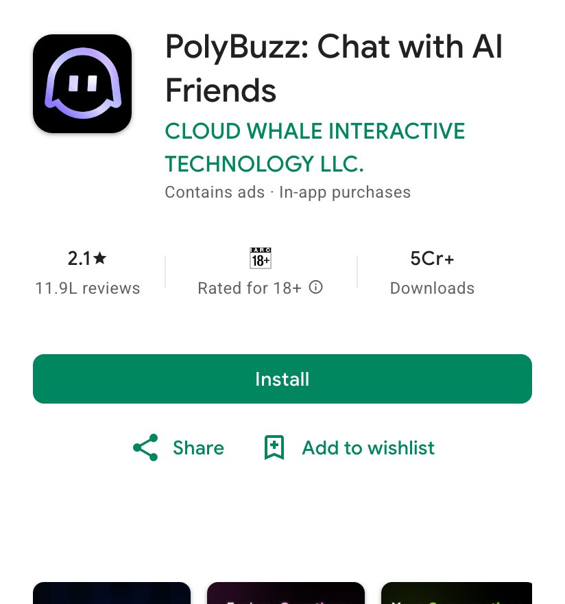 The Google Play listing for PolyBuzz: Chat with AI Friends by Cloud Whale Interactive Technology LLC on October 23, 2026, showing Contains ads, In-app purchases, 2.1 stars from 11.9L reviews, Rated for 18+ and 5Cr+ downloads