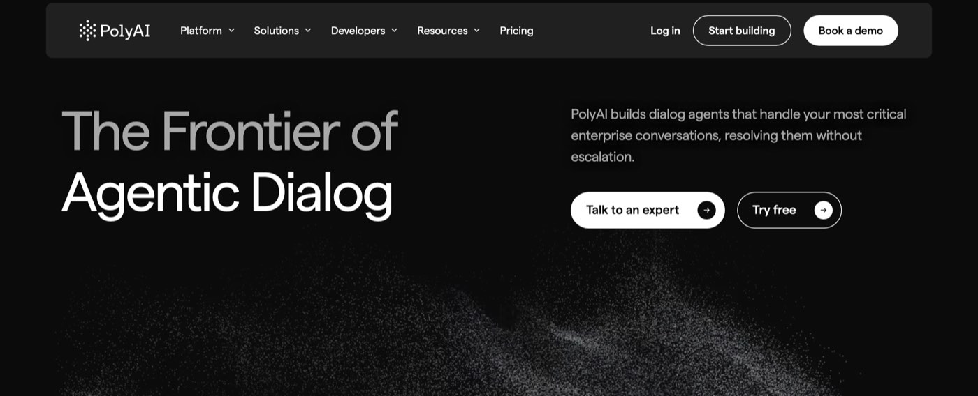 The homepage of poly.ai on October 23, 2026, headed The Frontier of Agentic Dialog, with the line PolyAI builds dialog agents that handle your most critical enterprise conversations, and buttons to talk to an expert or try free