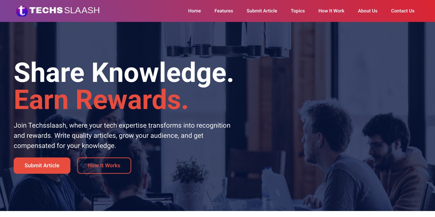 The techsslaash.com homepage on October 7, 2026: a menu with Submit Article and How It Work, and the headline Share Knowledge. Earn Rewards. over Submit Article and How It Works buttons